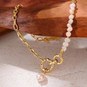 NEW 18K Gold Plated Natural Pearl Circle Link Chain Necklace